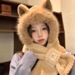 Winter Knit Hooded Scarf with Ears - Cute  Warm Furry Cap for Women