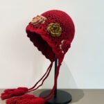 Handmade Crochet Red Winter Hat with Flower Design - Knitted Wool Cap with Tassels - Image 2