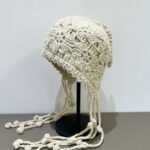Handmade Crochet Beige Winter Hat - Boho Knitted Flower Design Cap with Tassels - Image 2