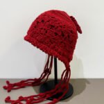 Handmade Crochet Beige Winter Hat - Boho Knitted Flower Design Cap with Tassels