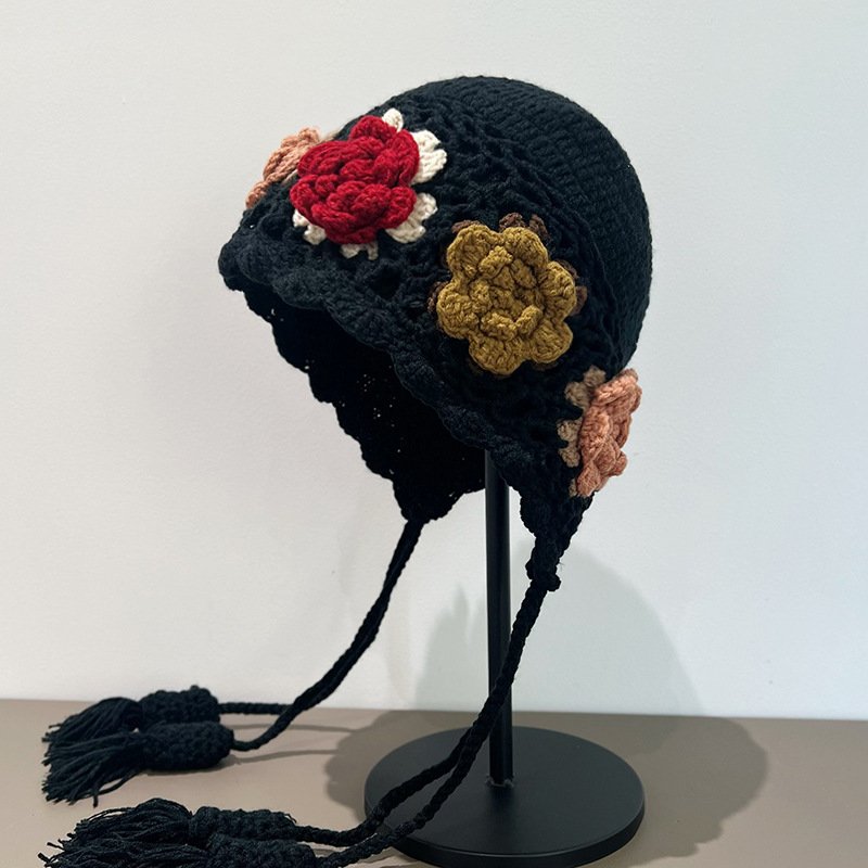 O1CN01uUI5pW1LrixW3e4LW_!!2208092201353-0-cib Handmade Crochet Red Winter Hat with Flower Design - Knitted Wool Cap with Tassels - Image 3