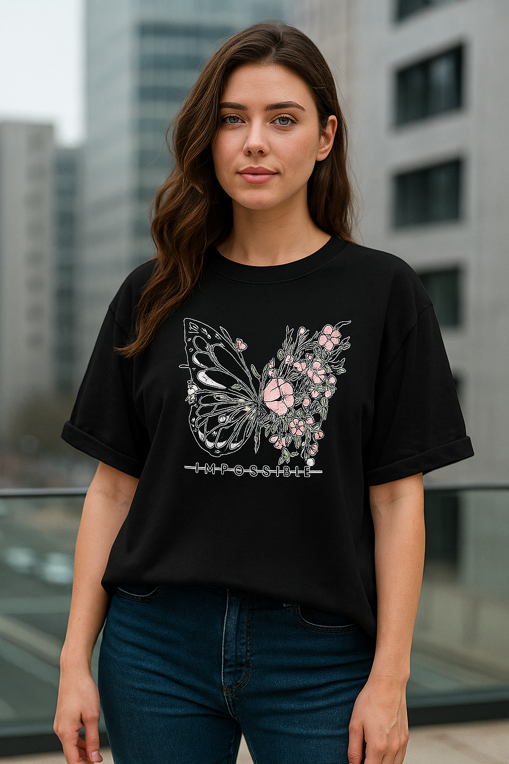B- 19064 Butterfly Black Ladies T-Shirt - Image 1